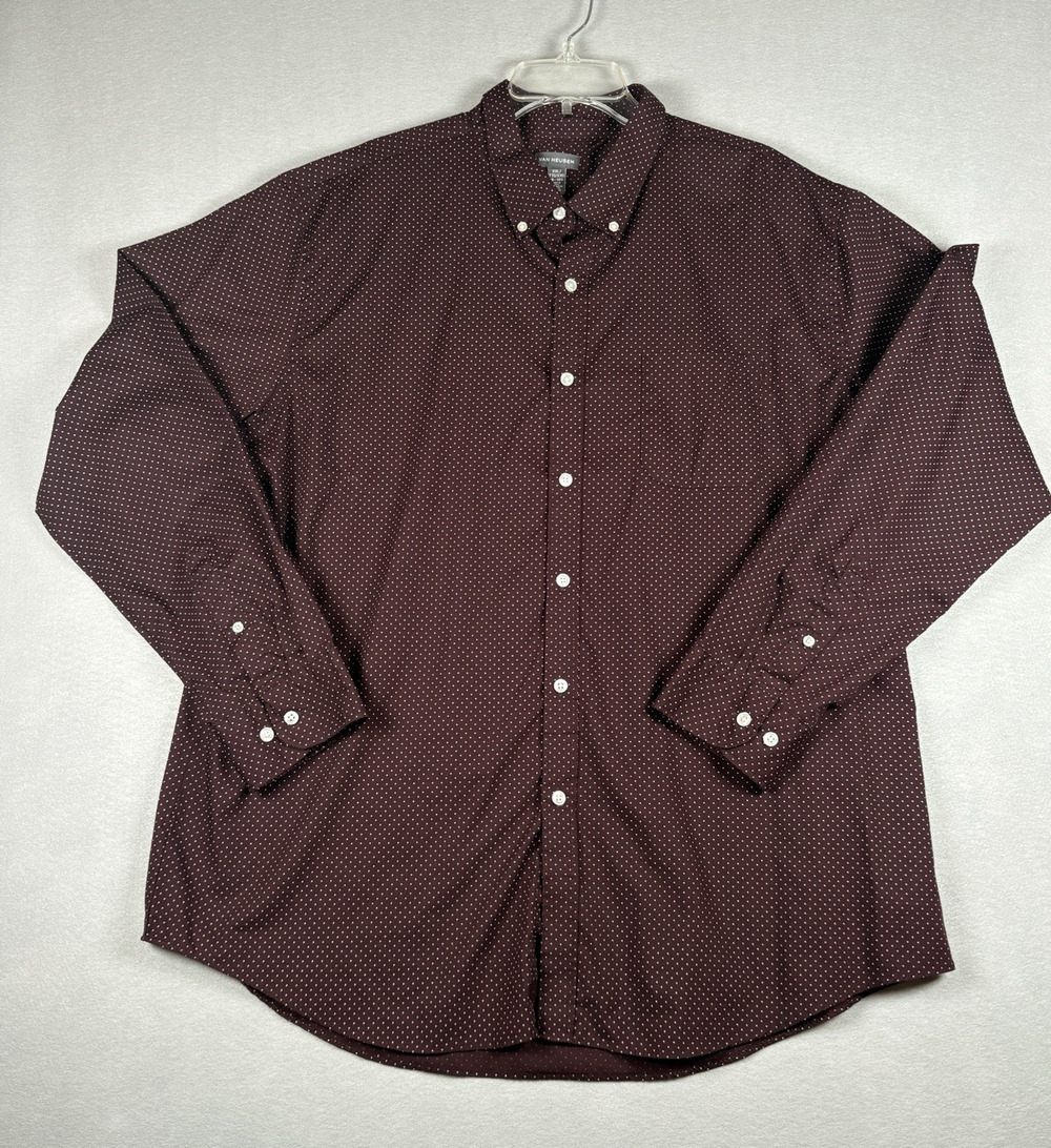 Van Heusen Men's XXL 18-18.5 Burgundy Dot Print Dress Shirt